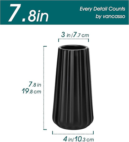 vancasso Ceramic Vase, 7.8 Inch Modern Ribbed Glossy Decorative Vase, Flower vase for Home Decor, Living Room, Bedroom, Office Decor, Black