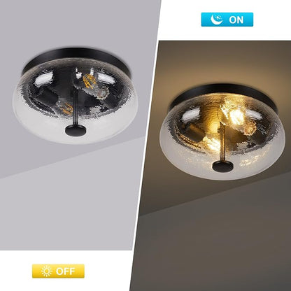 Motion Sensor Outdoor Ceiling Light, Black Modern Design Ceiling Light Fixture with Ripple Glass for Porch, Garage, Patio, Hallway, Entryway, Energy Efficient (2 Blub Needed)
