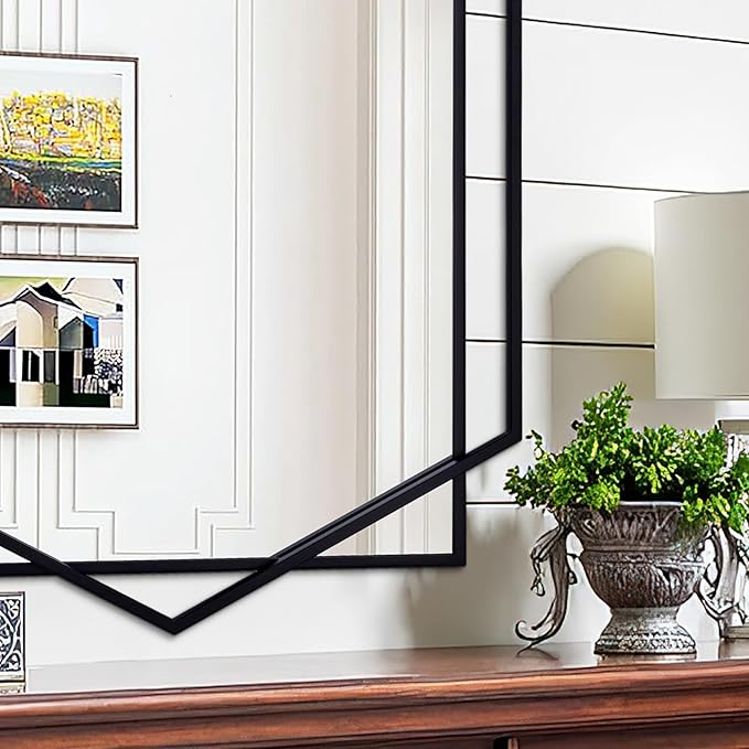Black Decorative Mirror for Wall Decor, 32"x47" Modern Large Living Room Mirror with Hexagon and Rectangular Metal Frame for Bathroom, Entrance, Bedroom, Dining Room