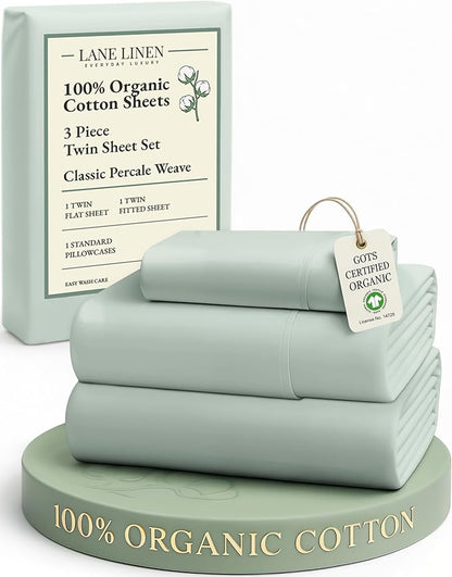LANE LINEN 100% Organic Cotton Twin Bed Sheet Set, Soft & Comfy Low Pill Fade Resistant Machine Wash Reinforsed French Seam Sustainably Produced Eco Friendly Sábanas Twin- Cool Blue