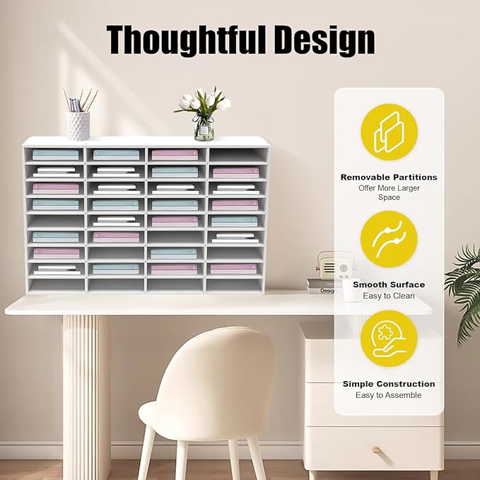 Literature Organizer with 36 Compartments | Adjustable Desktop File Sorter Mail Center for Home, Office & Classroom | PVC Paper Storage Cabinet with Shelves, White