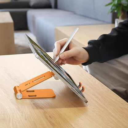 OMOTON Foldable Cell Phone Stand, C4 Portable Aluminum Phone Holder, Adjustable Phone Dock Cradle Compatible with iPhone 17/16/15 Pro Max Air, Samsung Galaxy, Small Tablets, Smart Phones, Orange