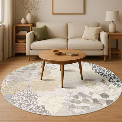 DEXDE Round Rug 6ft Washable Circle Area Rugs, Non Slip Low Pile Boho Floral Large Circular Carpet for Bedroom Bathroom Entryway Kids Room Office Dining Room, Gray