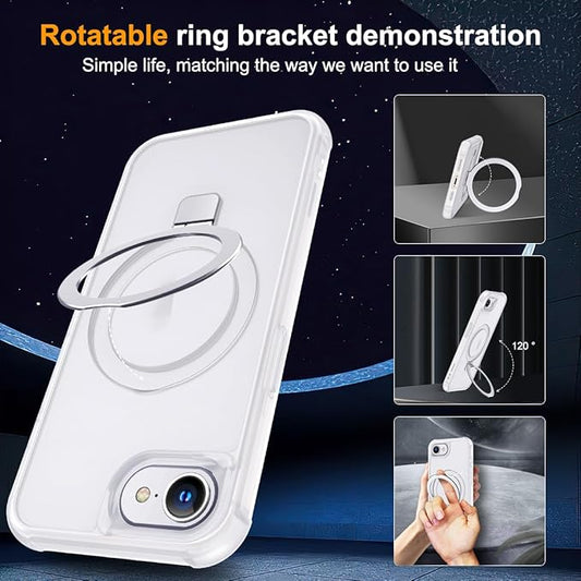 Compatible with iPhone 16E Case with Invisible Magnetic O-Ring Stand Military-Grade Phone Case for iPhone 16E 6.1" 2025 [Compatible with Mag-Safe][Great Grip Feeling],Translucent