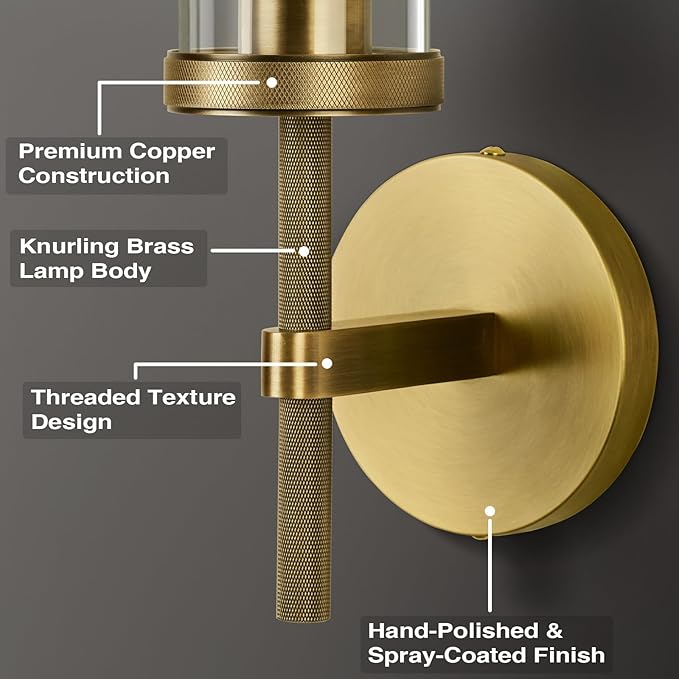 Brass Wall Sconce 19.48" Handcrafted Vintage Wall Lamp with Clear Glass Tube & Knurled Detailing, Sconce Lighting for Bedroom Bathroom Hallway Staircase Entryway, Dining Room Decor Lighting Fixture