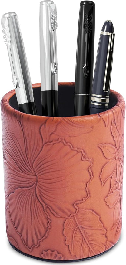 PU Leather Pen Holder Round Flash Makeup Brush Holder Desktop Pencil Storage Holder Gift for Desk Office Classroom Home(1-Carved Brown)