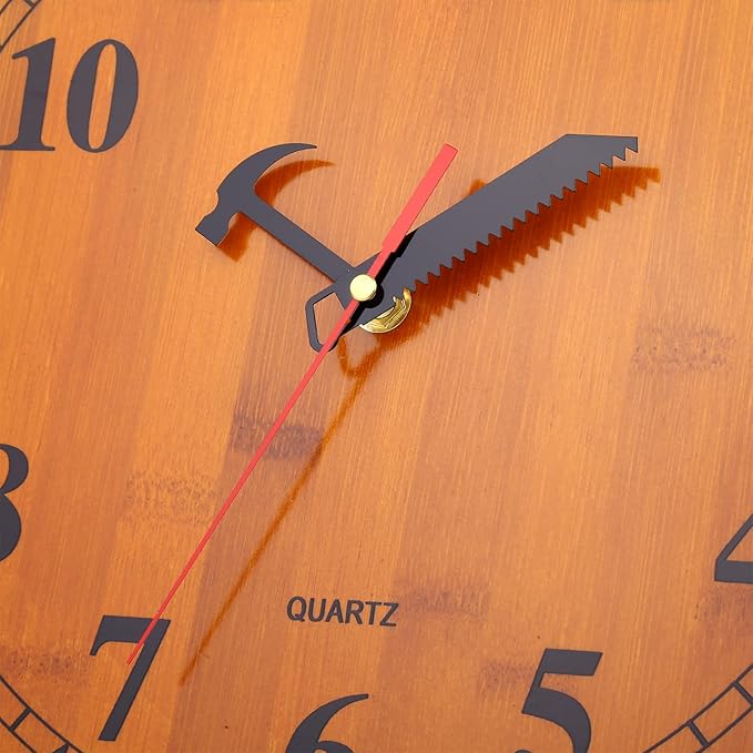 12 Inch Wood Wall Clock with Circular Saw Blade Dial, Handsaw and Hammer Pointer,Great Decor for Farmhouse,Garages and Man Cave