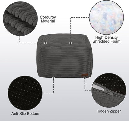 MeMoreCool Square Stuffed Pouf Ottoman Foot Rest, Stripe Furry Floor Pouf Foot Stool with Foam Chunk Filling, Soft Fluffy Stuffed Ottoman Footrest for Living Room, Corduroy Grey