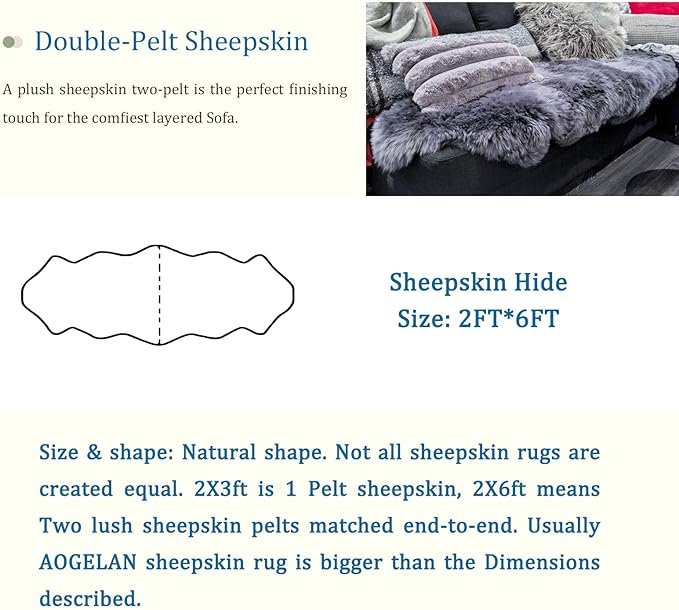 Area Rugs, Genuine New Zealand Sheepskin Rug, Soft Fur Throw Rug (Blue Steel, Double Pelt/2FT*6FT)