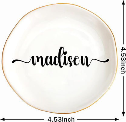 JoycuFF Madison Personalized Name Ceramic Jewelry Tray, Mothers Day Christmas Anniversary Engagement Birthday Gifts for Women Couples, Trinket Dish for Rings Earrings Necklaces Bracelets Keys