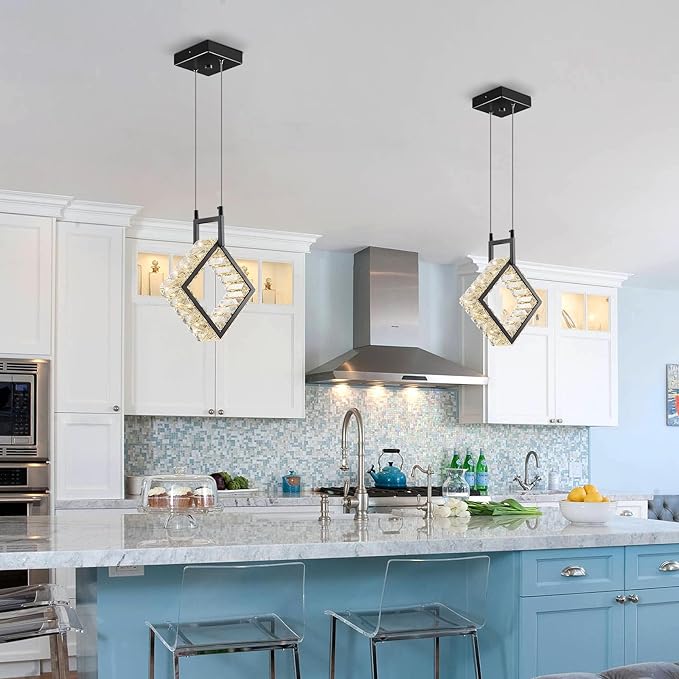 Kitchen Island Mini Light Fixture Modern Led Crystal Pendant Light Black Square Chandelier for Dining Room Living Room Kitchen Bedroom Bar（1-Pack）