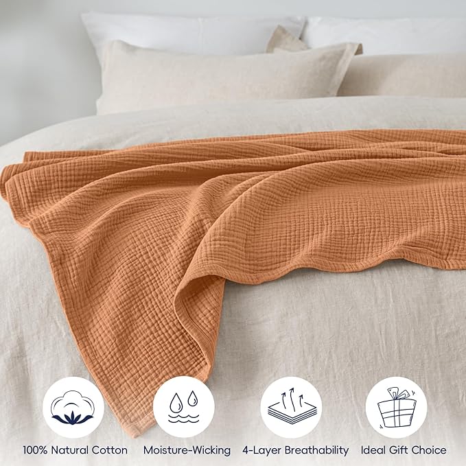 PHF 100% Cotton Muslin Blanket Twin XL Size 66"x90", 4-Layer Lightweight Gauze Throw, Breathable Cloud-Soft Minimalist Blanket for Bed, Couch, Camping & Baby, Caramel, Ideal Gift