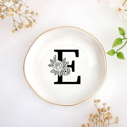 Initial E Ceramic Jewelry Tray, Bridesmaid Bride Gifts, Mothers Day Christmas Anniversary Engagement Birthday Gifts for Women Couples, Trinket Dish for Rings Earrings Necklaces Bracelets Keys