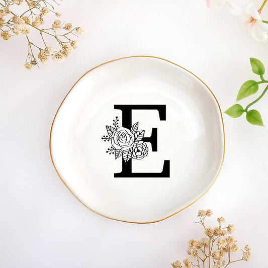 Initial E Ceramic Jewelry Tray, Bridesmaid Bride Gifts, Mothers Day Christmas Anniversary Engagement Birthday Gifts for Women Couples, Trinket Dish for Rings Earrings Necklaces Bracelets Keys