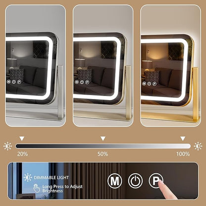 Gold Vanity Mirror with Lights 14"×12", Led Makeup Mirror, Lighted Makeup Mirror with 3 Color Dimmable Lights, Smart Touch Screen Control, 360°Rotation