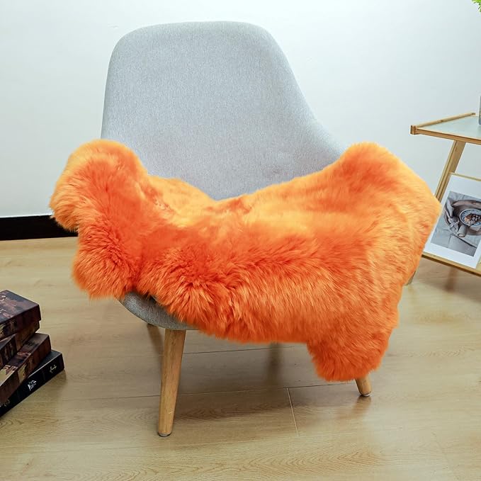Orange Premium Genuine Sheepskin Rug, Genuine Sheepskin Natural Lambskin Shaggy Fur Area Rug for Kids Bedroom Sofa Chair Seat Cover Pets Dogs Mat Single Pelt/2FT*3FT