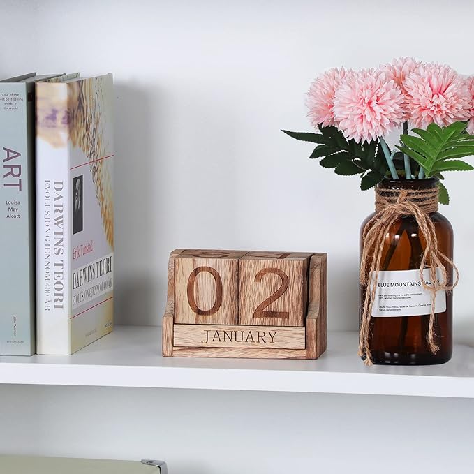 Wooden Desk Calendar,Desk Calendar Blocks for Teachers,Office Perpetual Date Block Small Home Desktop Decor Chic Vintage Month with Number Cubes Display Rustic Decoration(Carbonized Black)