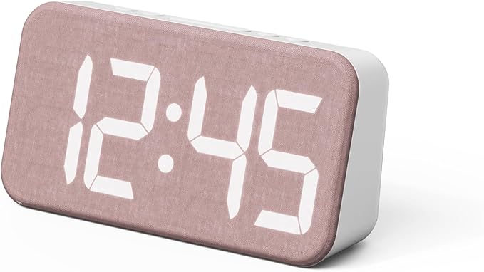 mooas Cosy Fabric LED Desk Clock, Digital Alarm Clock with USB Charging Port, 12/24H Mode, Temperature Display, Alarm & Snooze, Cozy Atmosphere, Non-Slip Silicone pad for Stability (Ash Pink)