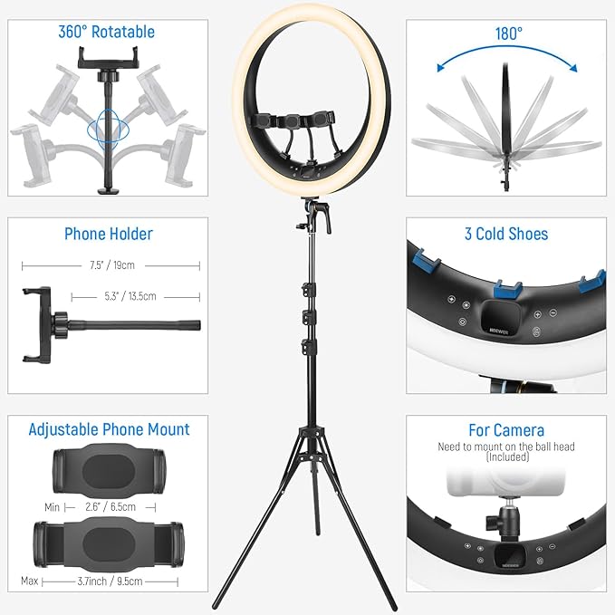 NEEWER 19 inch Ring Light with Stand, 3 Phone Holders and Mini Ball Head, Upgraded 2.4G & Touch Control, Smooth Dimming at 1%, 3200K-5600K for Selfie TikTok Live Streaming Video Recording Zoom, RP19H