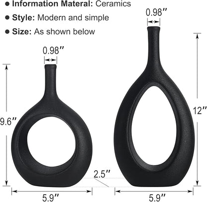 Black Ceramic Hollow Elliptical Vase Set of 2 - Boho Circle Vase with Hole, for Modern Black Table Decor, Living Room Decor Shelf mid Century Modern Home Entrance Decorative vase