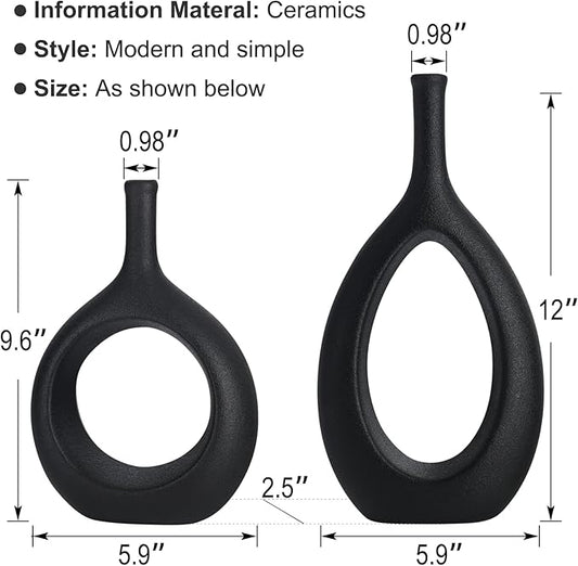 Black Ceramic Hollow Elliptical Vase Set of 2 - Boho Circle Vase with Hole, for Modern Black Table Decor, Living Room Decor Shelf mid Century Modern Home Entrance Decorative vase