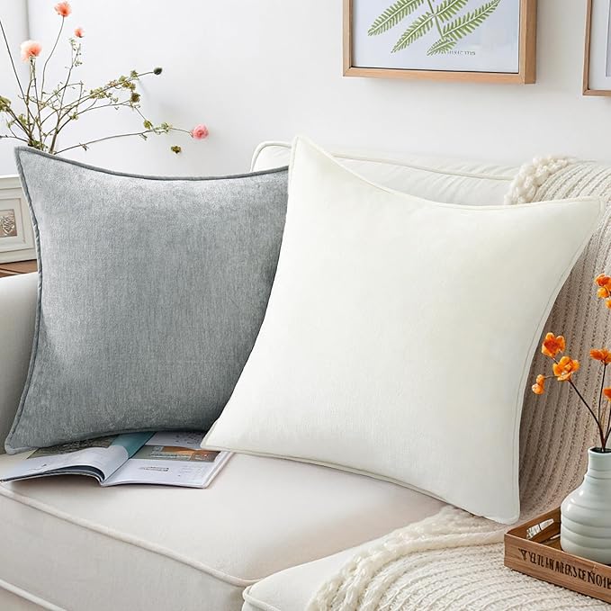 decorUhome Spring Couch Throw Pillow Covers 18x18 Set of 2, Decorative Soft Velvet Neutral Chenille Pillow Covers with Elegant Design for Sofa Bed Living Room Home Decor, Ultimate Gray