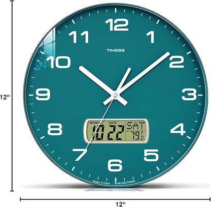 Wall Clock, 12" Dial Non-Ticking Silent Battery Operated Analog with LCD Display for Perpetual Calendar and F° Temperature, Ideal Modern Home, Bedroom, Kitchen, Office Decor (Green)