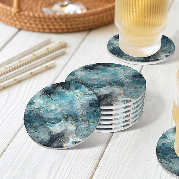 6 Pcs Ceramic Coasters with Holder Absorbent Drink Round Gold and Blue Marble Style Design for Home Table Coffee Cup Wine Beer Bar,Size 4.4 inches