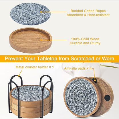 Coasters for Drinks Absorbent Sets of 5, Eykao Woven Coasters with Holder, Housewarming Gift for Farmhouse Home Decor, 4 inches (Mixed Blue)