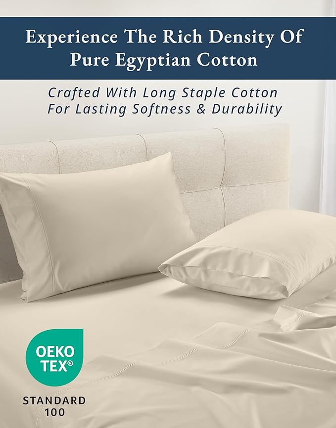 LANE LINEN 100% Egyptian Cotton Queen Sheet Set, Soft & Comfy Hotel Like Thick Fully Elasticized Mercerized Cotton Queen Size Set, No Pill Fade Resistant Queen Sheets, 15" Deep Pocket - Summer Sand