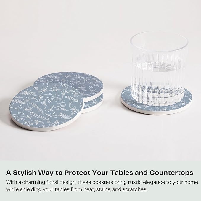 Set of 6 Floral Dusty Blue Coasters with Holder, Absorbent Ceramic Drink Coasters with Cork Backing for Table Protection, Coffee Table Décor
