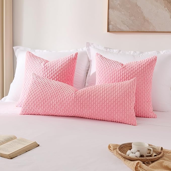 Kevin Textile 14x36 Inch Long Lumbar 1 Pack Boho Decorative Throw Pillow Cover Soft Striped Corduroy Rectangle Cushion Case Farmhouse Accent for Living Room Couch Sofa Bed, Pink