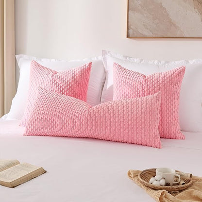 Kevin Textile 14x36 Inch Long Lumbar 1 Pack Boho Decorative Throw Pillow Cover Soft Striped Corduroy Rectangle Cushion Case Farmhouse Accent for Living Room Couch Sofa Bed, Pink