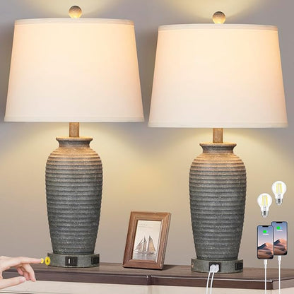 25" Farmhouse Jar Table Lamps Set of 2, 3 Way Touch Control Rustic Bedside Lamps with USB A+C Ports & AC Outlet, Pot Nightstand Lamps for Bedroom Living Room (LED Bulbs Included)