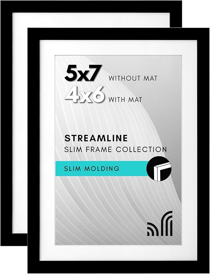 Americanflat 5x7 Picture Frame with Shatter-Resistant Glass - Set of 2 - Streamline Collection - Thin Border Photo Frame for Tabletop and Wall - Hanging Hardware and Easel Stand Included - Black