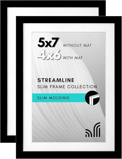 Americanflat 5x7 Picture Frame with Shatter-Resistant Glass - Set of 2 - Streamline Collection - Thin Border Photo Frame for Tabletop and Wall - Hanging Hardware and Easel Stand Included - Black