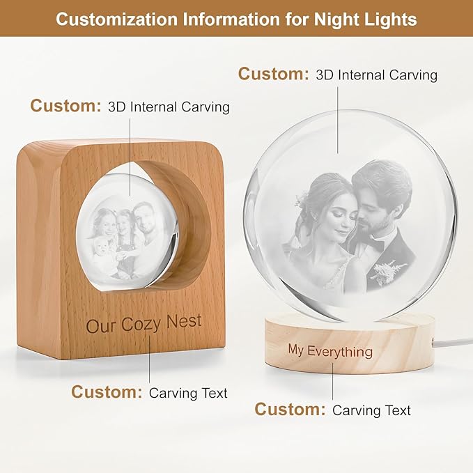 Custom 3D Crystal Photo Night Light Personalized Photo Crystal Ball Engraved Picture Lamp with Wood Base Memorial Gift for Pets Family Couple Birthday Valentine's Day (Style 2)