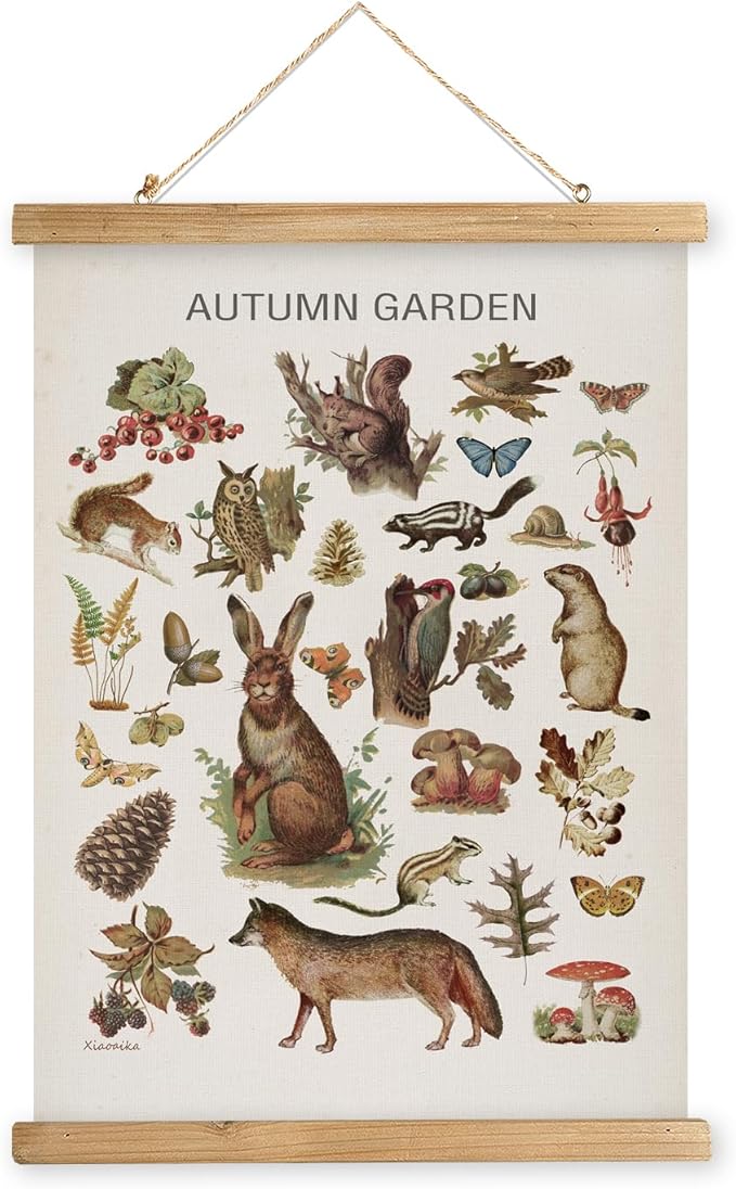 XIAOAIKA Autumn Garden Wildlife Poster - Vintage Illustrated Seasonal Fauna and Flora Chart with Wooden Frame - Educational Wall Art for Home, Classroom, or Nature Enthusiast 20 x 30 Inches