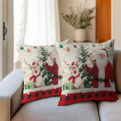 Christmas Pillow Covers 18x18 Set of 2 Red Santa Throw Pillow Covers Winter Deer Pillowcase Linen Decoration Farmhouse Cozy Soft Cushion Case Couch for Indoor Outdoor Home Decor