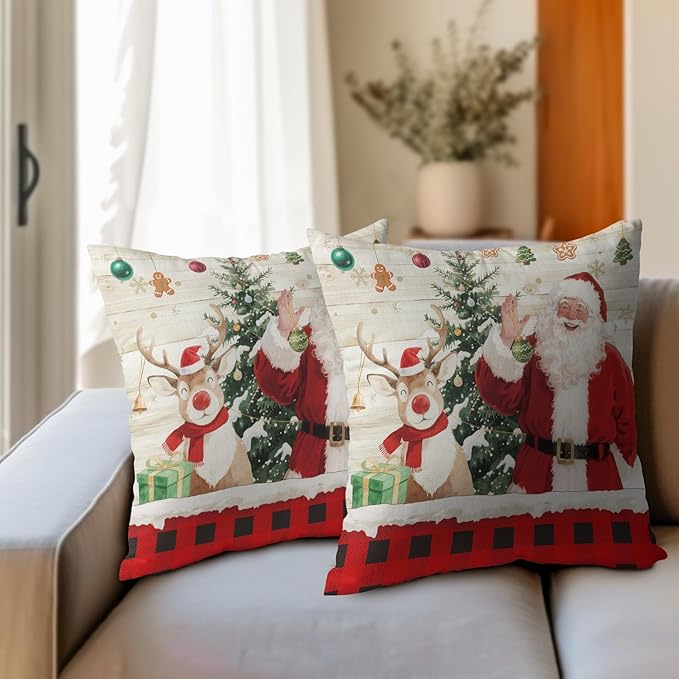 Christmas Pillow Covers 20x20 Set of 2 Red Santa Throw Pillow Covers Winter Deer Pillowcase Linen Decoration Farmhouse Cozy Soft Cushion Case Couch for Indoor Outdoor Home Decor