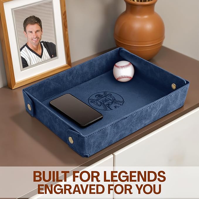 Engraved Baseball Valet Tray–Personalized Leather Catchall with Custom Name–Men’s Nightstand Organizer for Keys, Wallet, Jewelry, and Essentials – Unique Baseball Fan Gift for Home or Office - Blue