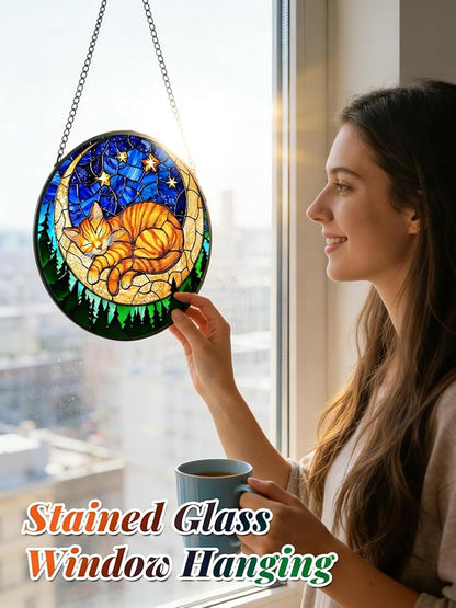Stained Glass Window Hanging, Orange Sleeping Cat Suncatcher for Door Home Decor Moon Starry Night Sun Catcher Ornament Mother's Day Birthday Gifts for Women Men Mom 7.8 in