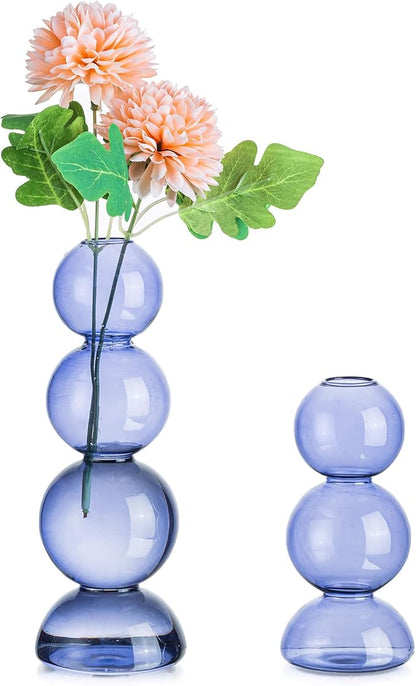 Glasseam Bubble Glass Vase Set of 2, Light Blue, Aesthetic Decorative Vases for Home Decor, Centerpieces, Round Bud Vases for Dining Table Decorations