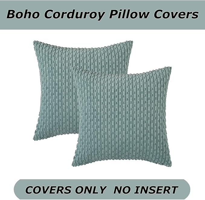 Kevin Textile Throw Pillow Covers Soft Corduroy Decorative Set of 2 Boho Striped Pillow Covers Pillowcases Farmhouse Home Decor for Couch Bed Sofa Living Room 24x24 Inch Dusty Green