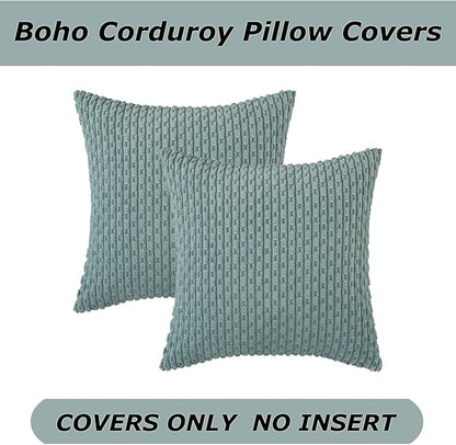 Kevin Textile Throw Pillow Covers Soft Corduroy Decorative Set of 2 Boho Striped Pillow Covers Pillowcases Farmhouse Home Decor for Couch Bed Sofa Living Room 24x24 Inch Dusty Green