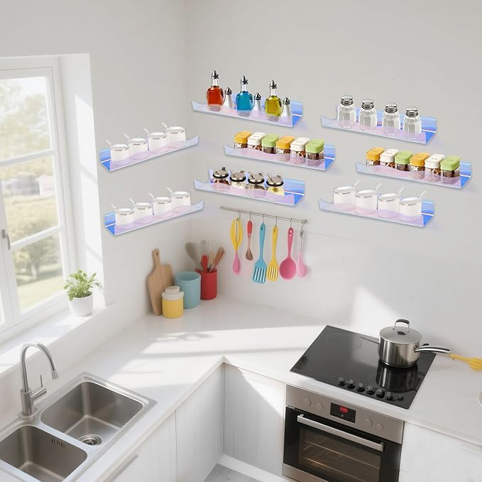 4Pack Acrylic Wall Shelf Organizers 15Inch Floating Shelf for Wall Decor Bookshelf for Kids Modern Iridescent Wall Mount Shelf (4, Iridescent)