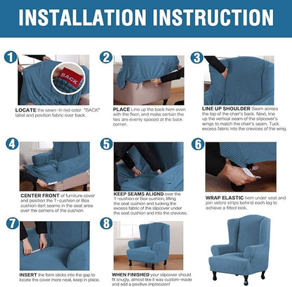 H.VERSAILTEX Wing Chair Slipcover Chair Covers for Wingback Chairs Wingback Chair Covers Slipcovers 1 Piece Stretch Sofa Cover Furniture Protector Soft Spandex Jacquard Checked Pattern, Dusty Blue