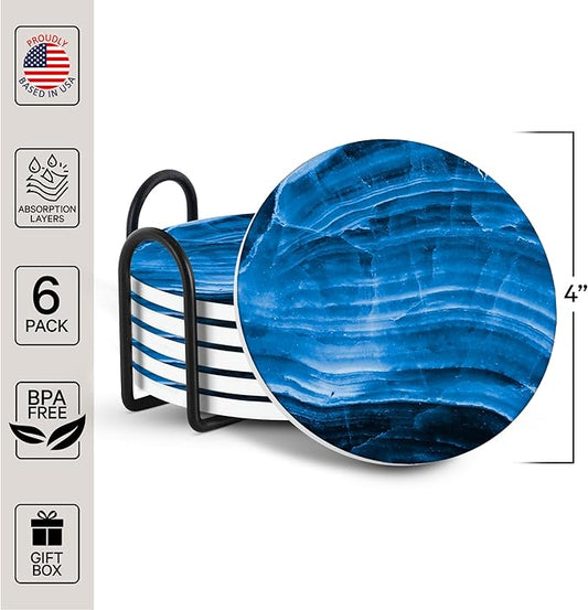 Emerson Coasters for Drinks Absorbent – Dining Table Set of 6 with Holder, 100% Ceramic Wooden Tabletop Protection Marble Style - Non Slip & Cork Bottom - Heavy Duty (Blue Stone)