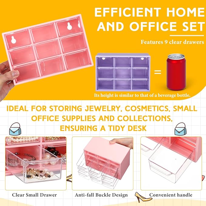 Wenqik 2 Pcs Mini Storage Drawers Teacher Toolbox Organizer with 9 Clear Drawers Small Plastic Desktop Teacher Desk Craft Organizer for Classroom Office 7" x 3. 9" x 4. 7" (Purple, Pink)