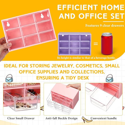 Wenqik 2 Pcs Mini Storage Drawers Teacher Toolbox Organizer with 9 Clear Drawers Small Plastic Desktop Teacher Desk Craft Organizer for Classroom Office 7" x 3. 9" x 4. 7" (Purple, Pink)